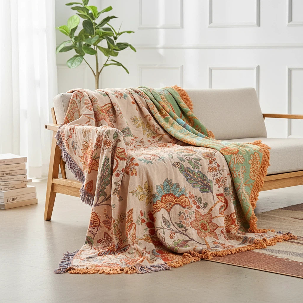 Floral Throw Blanket with Fringe | Bohemian Home Accent