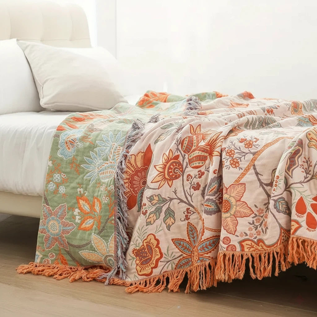 Floral Throw Blanket with Fringe | Bohemian Home Accent