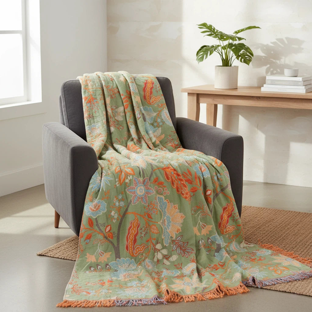 Floral Throw Blanket with Fringe | Bohemian Home Accent