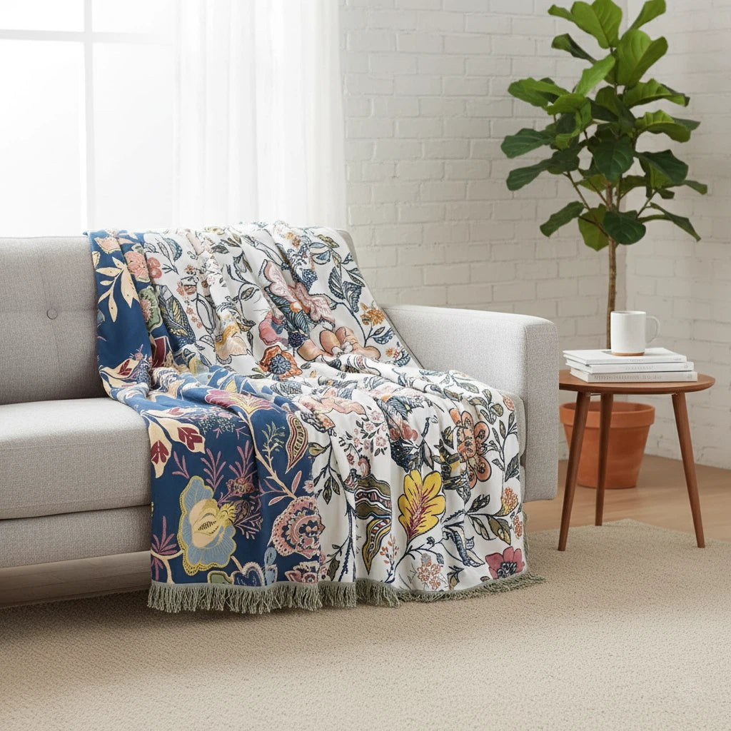 Floral Throw Blanket with Tassels | Bohemian Home Accent