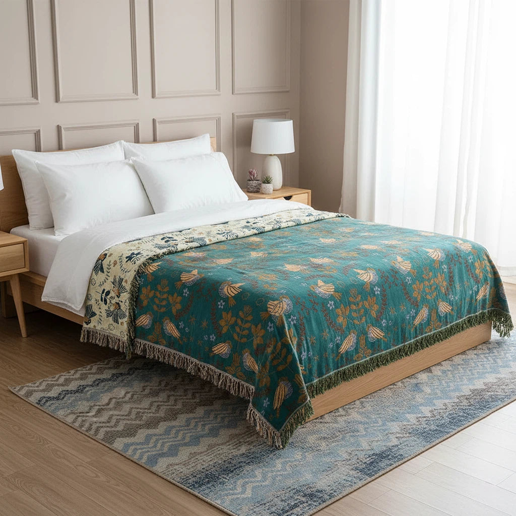 Throw Blanket with Reversible Bird Design | Nordic Home Decor