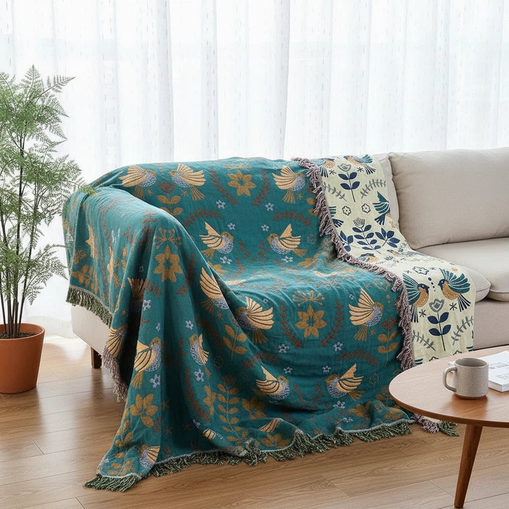 Throw Blanket with Reversible Bird Design | Nordic Home Decor