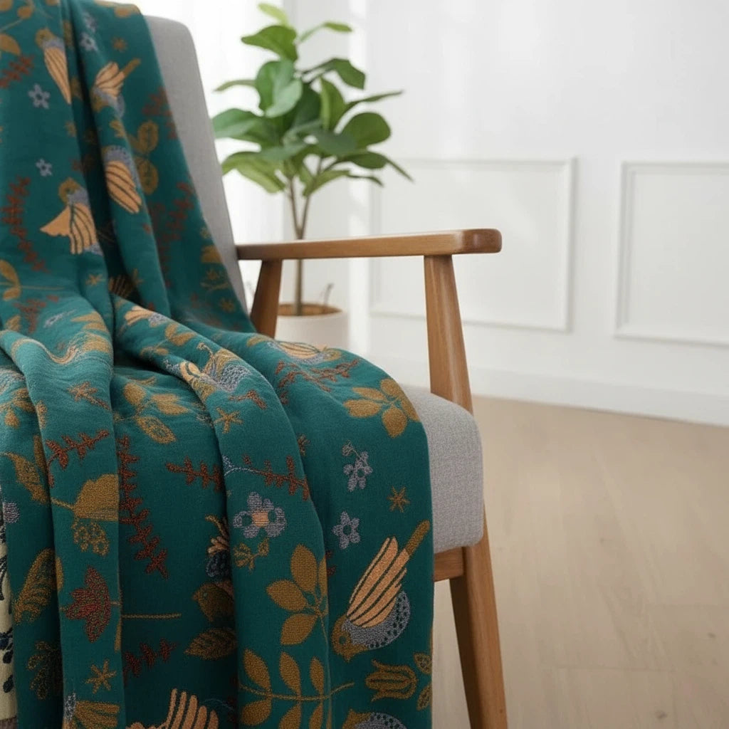 Throw Blanket with Reversible Bird Design | Nordic Home Decor