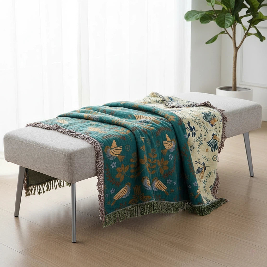 Throw Blanket with Reversible Bird Design | Nordic Home Decor